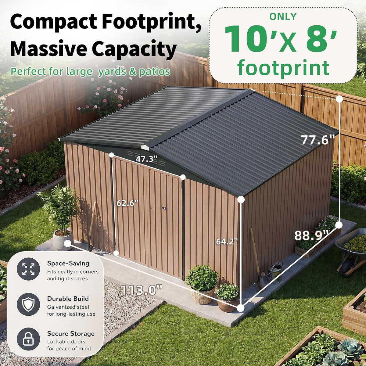 Patioslife Metal Garden Shed – Galvanised Steel Outdoor Storage Shed, All-Weather Backyard Storage Unit