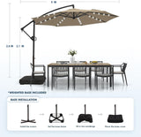 Patioslife 3m Diameter Solar LED Offset Hanging Market Cantilever Patio Umbrella, 2-Tier Canopy, for Backyard, Poolside, Lawn and Garden, UPF50+ UV Protection, Easy Tilt Crank, with Umbrella Cover and Base