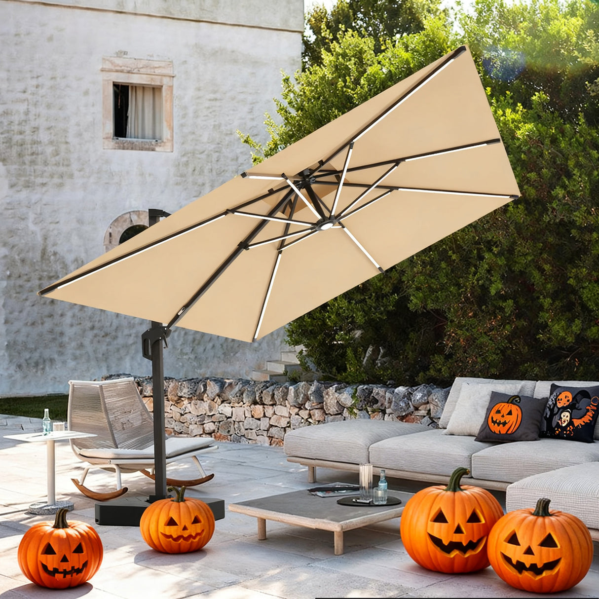 Patioslife Aegis Premium Cantilever Umbrella with LED Strip Lights, Fibreglass Ribs & Powder-Coated Aluminium Pole, Cover— Luxury Garden & Patio Shade