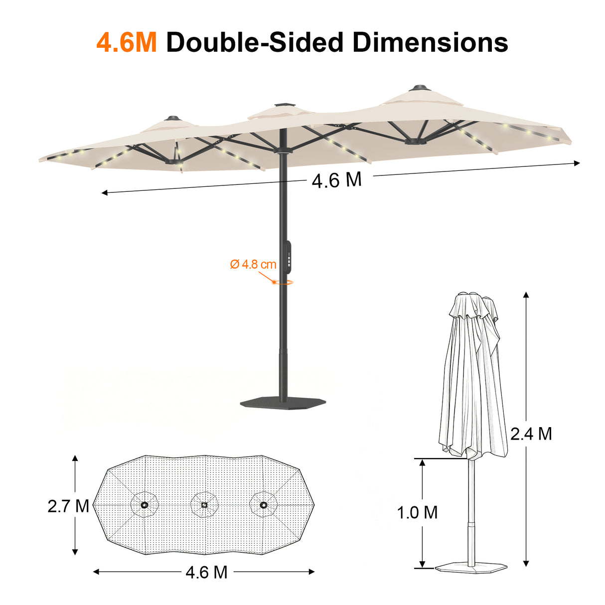 Patioslife Aegis Premium 4.6m Motorized Cantilever Patio Umbrella — Double-Sided, Remote Control, UPF 50+, Solar LED Lights & Windproof Frame