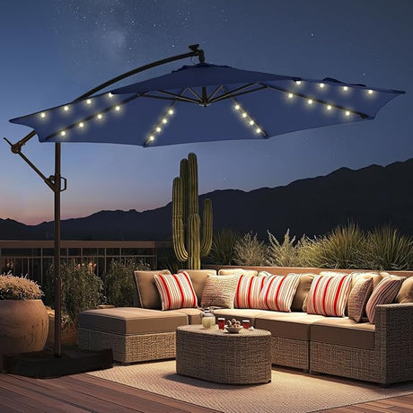 Patioslife 3m Diameter Solar LED Offset Hanging Market Cantilever Patio Umbrella, 2-Tier Canopy, for Backyard, Poolside, Lawn and Garden, UPF50+ UV Protection, Easy Tilt Crank, with Umbrella Cover and Base