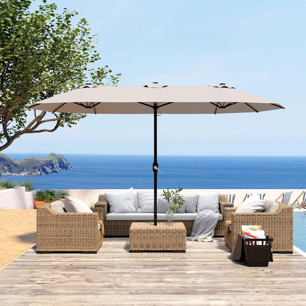 Patioslife Horizon Haven™ 4.6x2.7m Double-Sided Patio Umbrella with LED Lights base and cover