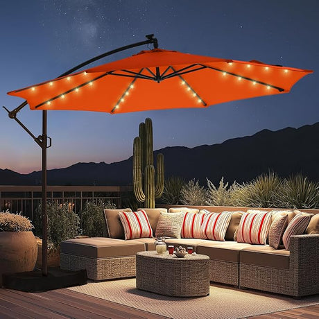 Patioslife 3m Diameter Solar LED Offset Hanging Market Cantilever Patio Umbrella, 2-Tier Canopy, for Backyard, Poolside, Lawn and Garden, UPF50+ UV Protection, Easy Tilt Crank, with Umbrella Cover and Base