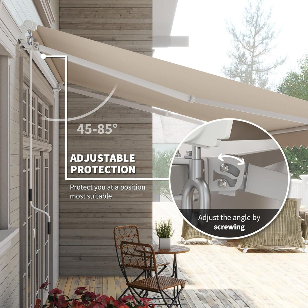 Retractable Awning Manual Crank, 2.5M x 2M, UV-Resistant Water-Repellent Canopy, Aluminum Frame for Balcony, Deck & Patio Use