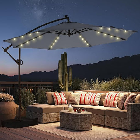Patioslife 3m Diameter Solar LED Offset Hanging Market Cantilever Patio Umbrella, 2-Tier Canopy, for Backyard, Poolside, Lawn and Garden, UPF50+ UV Protection, Easy Tilt Crank, with Umbrella Cover and Base