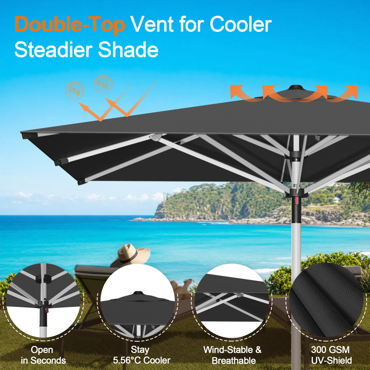 Patioslife Outdoor Umbrella — Square & Round | Heavy-Duty Aluminium Pole, Double-Vented Canopy | 2.7m, 3m & 3.35m