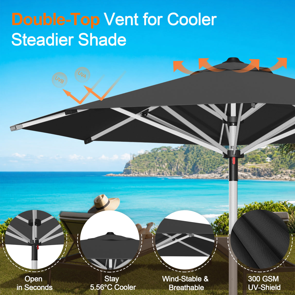 Patioslife Outdoor Umbrella — Square & Round | Heavy-Duty Aluminium Pole, Double-Vented Canopy | 2.7m, 3m & 3.35m