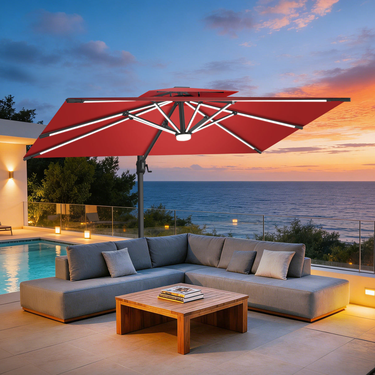 Patioslife Aegis Premium Cantilever Umbrella with Full-Rib LED Strip Lighting, Fibreglass Ribs, Powder-Coated Aluminium Pole— Luxury Garden & Patio Shade