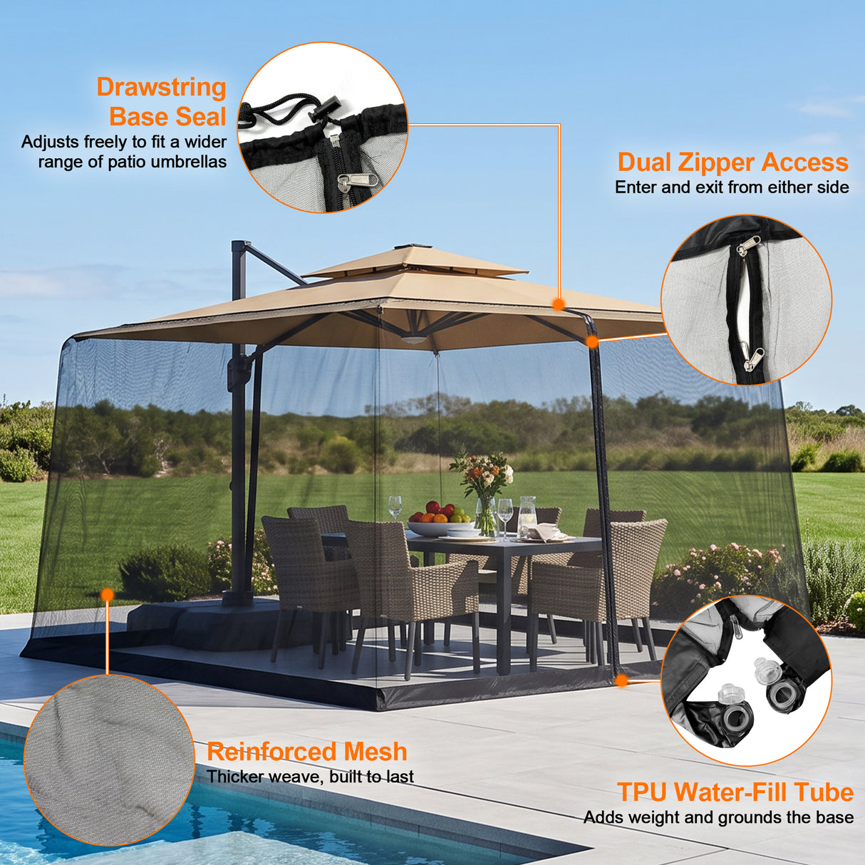 Patioslife Umbrella Mosquito Net with Dual Zipper & Adjustable Drawstring