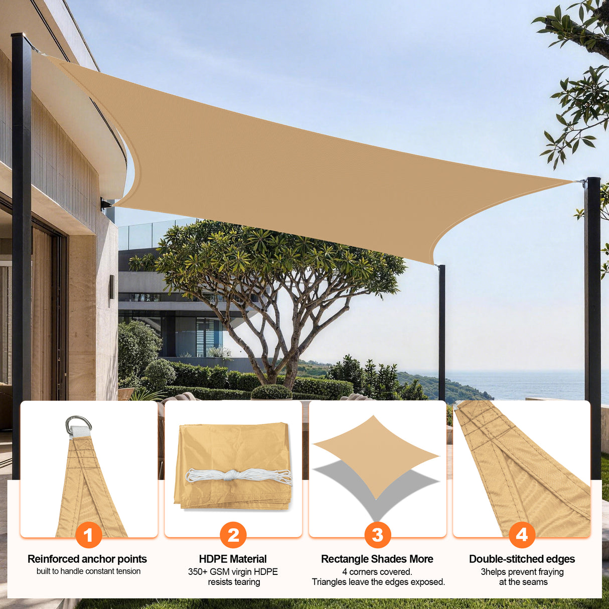 Patioslife Shade Sail – UV Protection, Reinforced Edges & Durable D-Rings for Patio, Garden, Deck & Pool