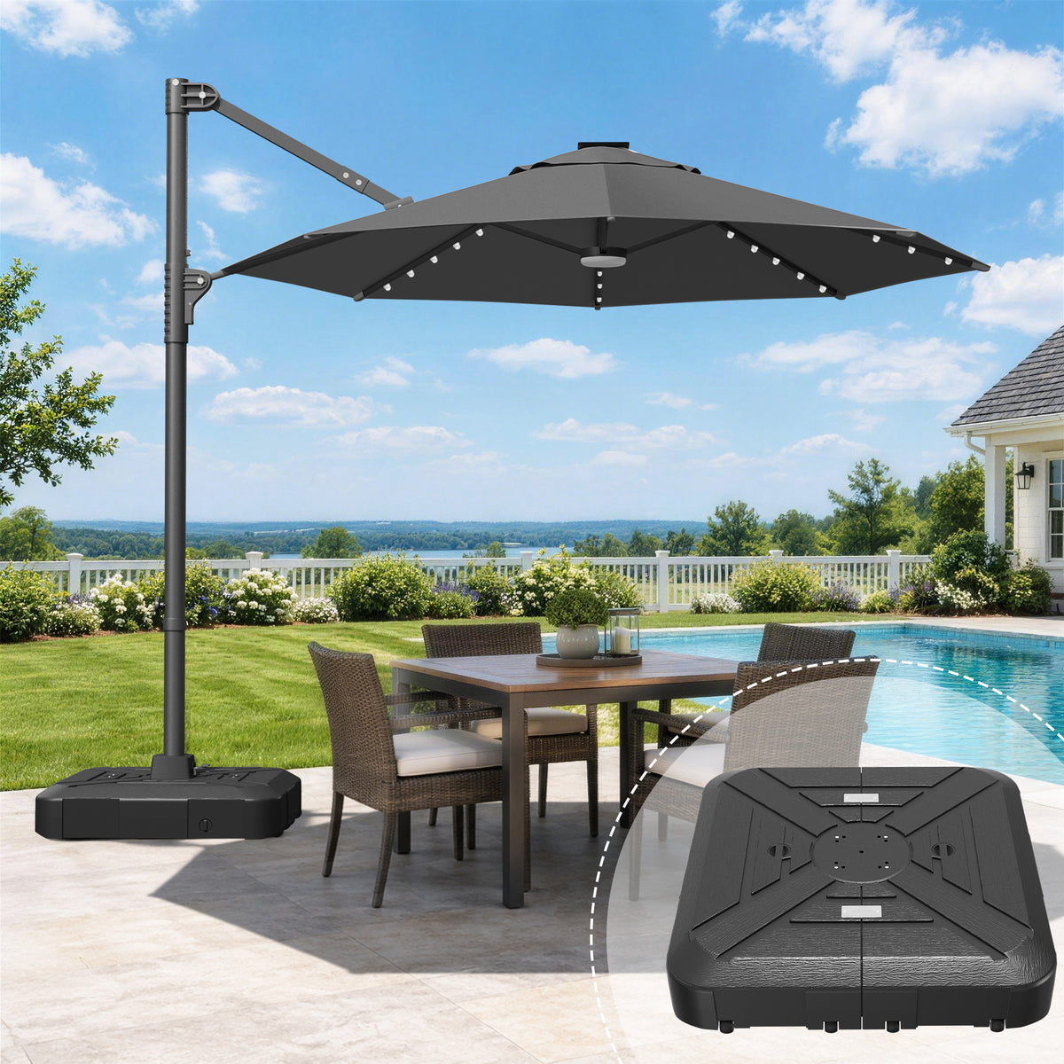 Patioslife Aegis Pro All-in-One Shade Round Cantilever Patio Umbrella with solar LED lights | Premium Cover | Large Base