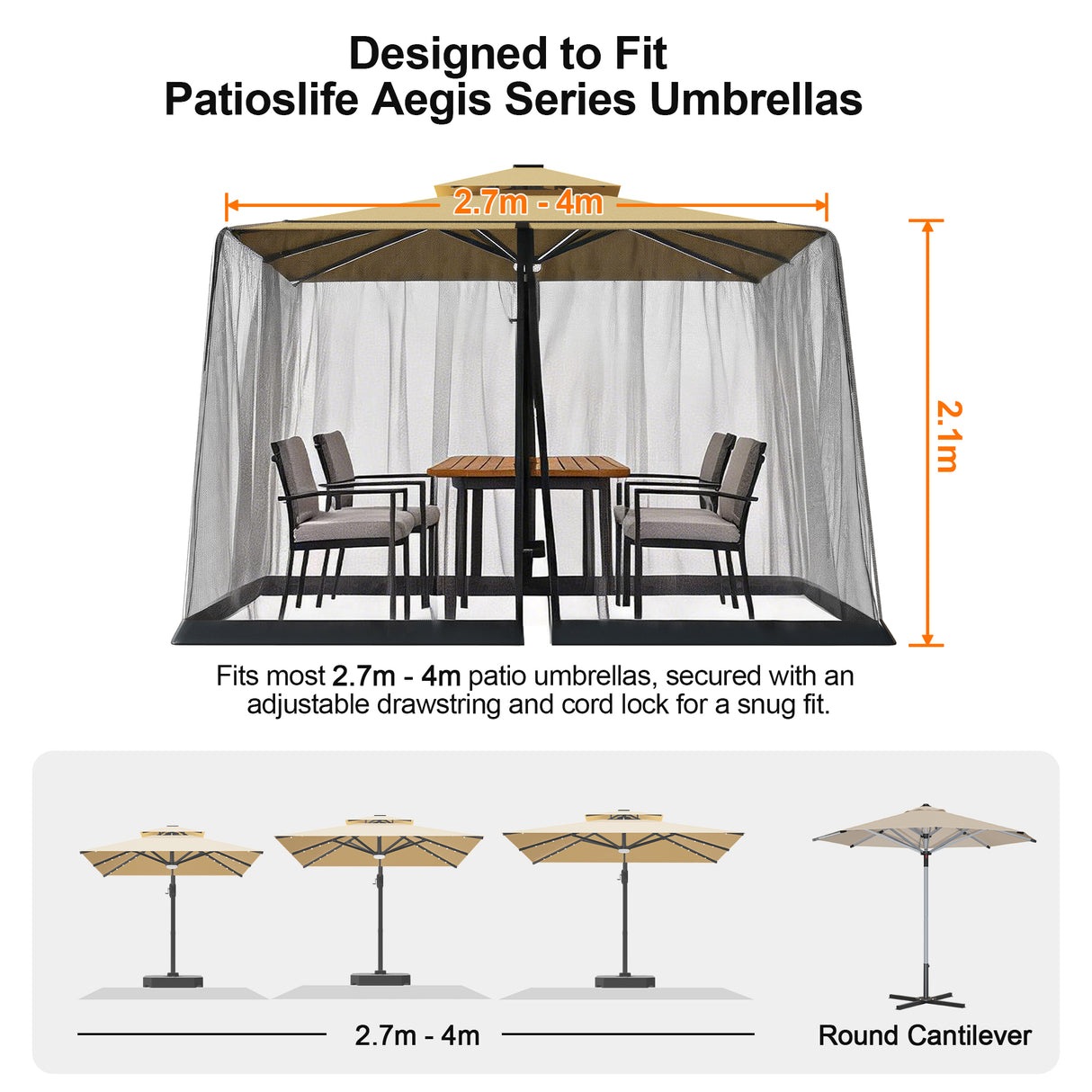 Patioslife Umbrella Mosquito Net with Dual Zipper & Adjustable Drawstring