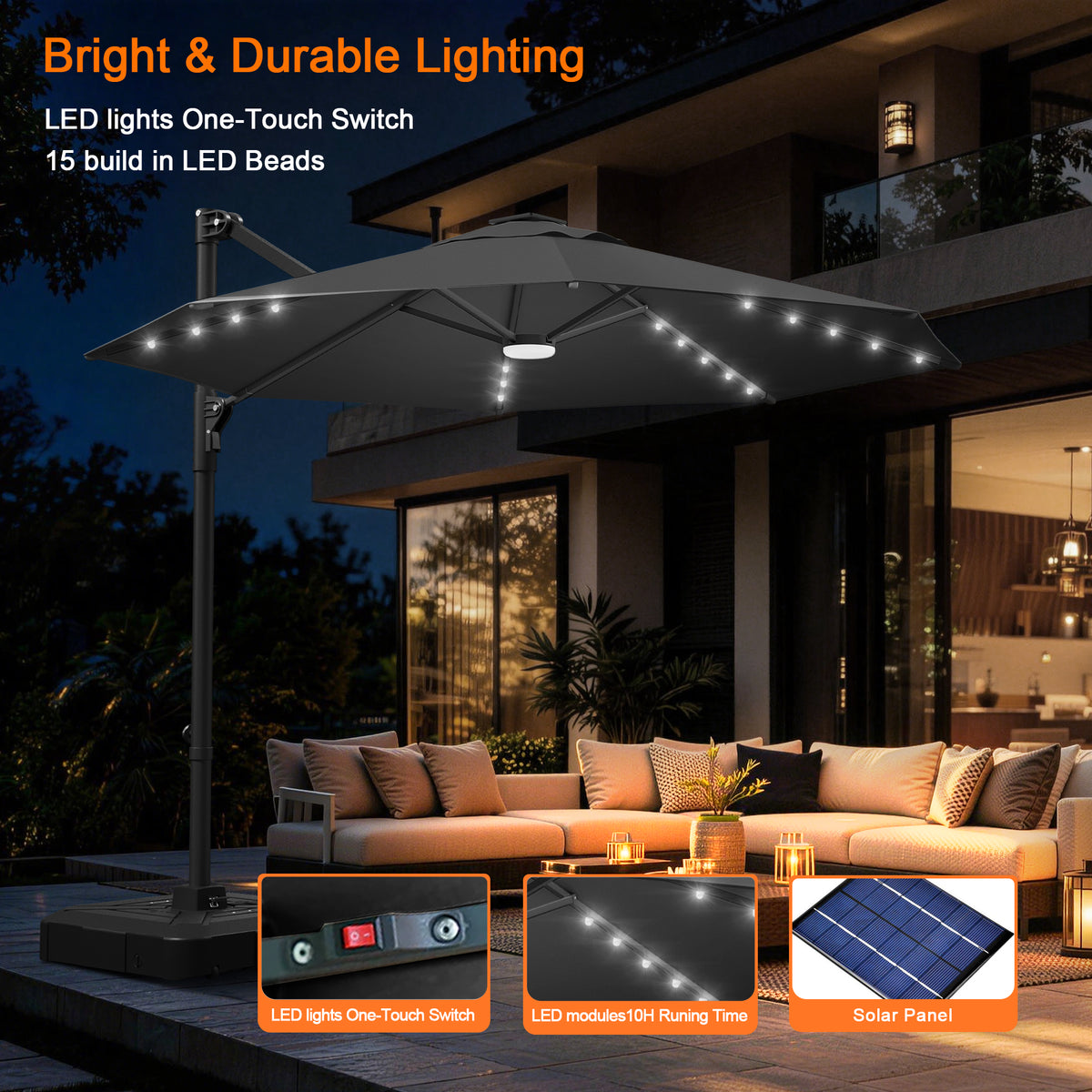 Patioslife Aegis Pro All-in-One Shade Round Cantilever Patio Umbrella with solar LED lights | Premium Cover | Large Base