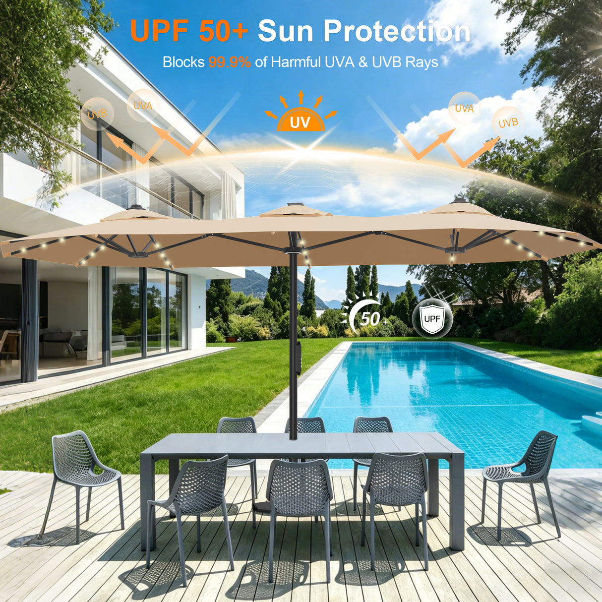 Patioslife Aegis Premium Motorized Double-Sided Patio Umbrella | Remote Control,UPF 50+ Canopy , Solar LEDs & Heavy-Duty Windproof Frame