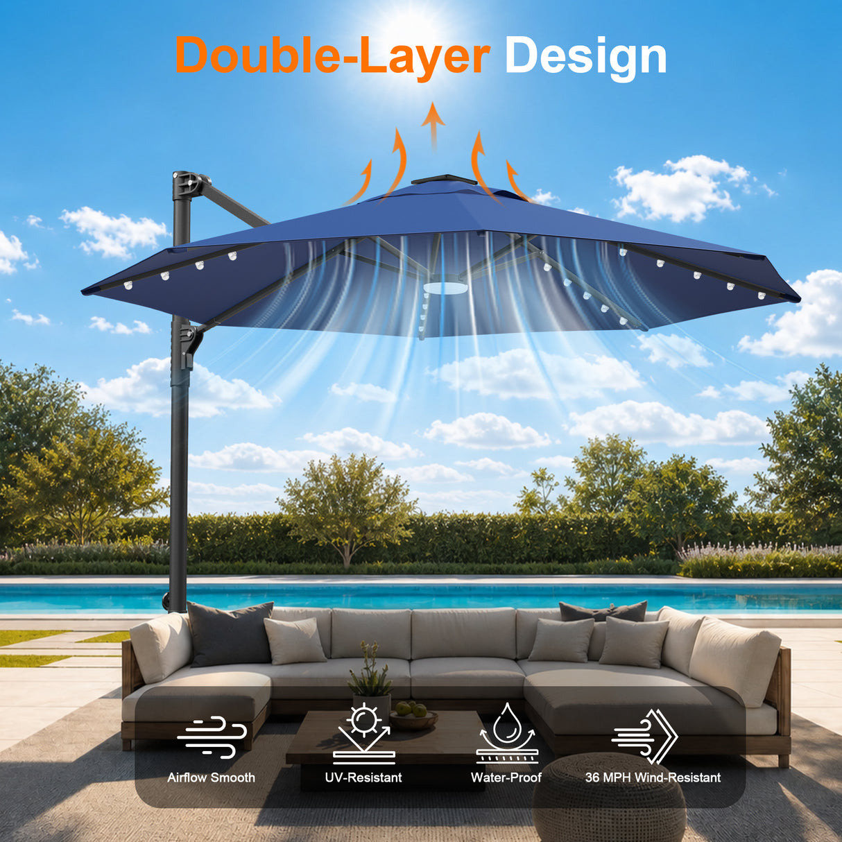 Patioslife Aegis Pro All-in-One Shade Round Cantilever Patio Umbrella with solar LED lights | Premium Cover | Large Base
