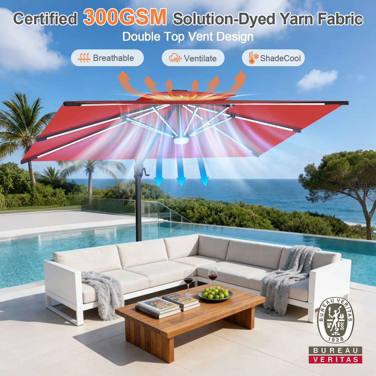 Patioslife Aegis Premium Cantilever Umbrella with Full-Rib LED Strip Lighting, Fibreglass Ribs, Powder-Coated Aluminium Pole— Luxury Garden & Patio Shade