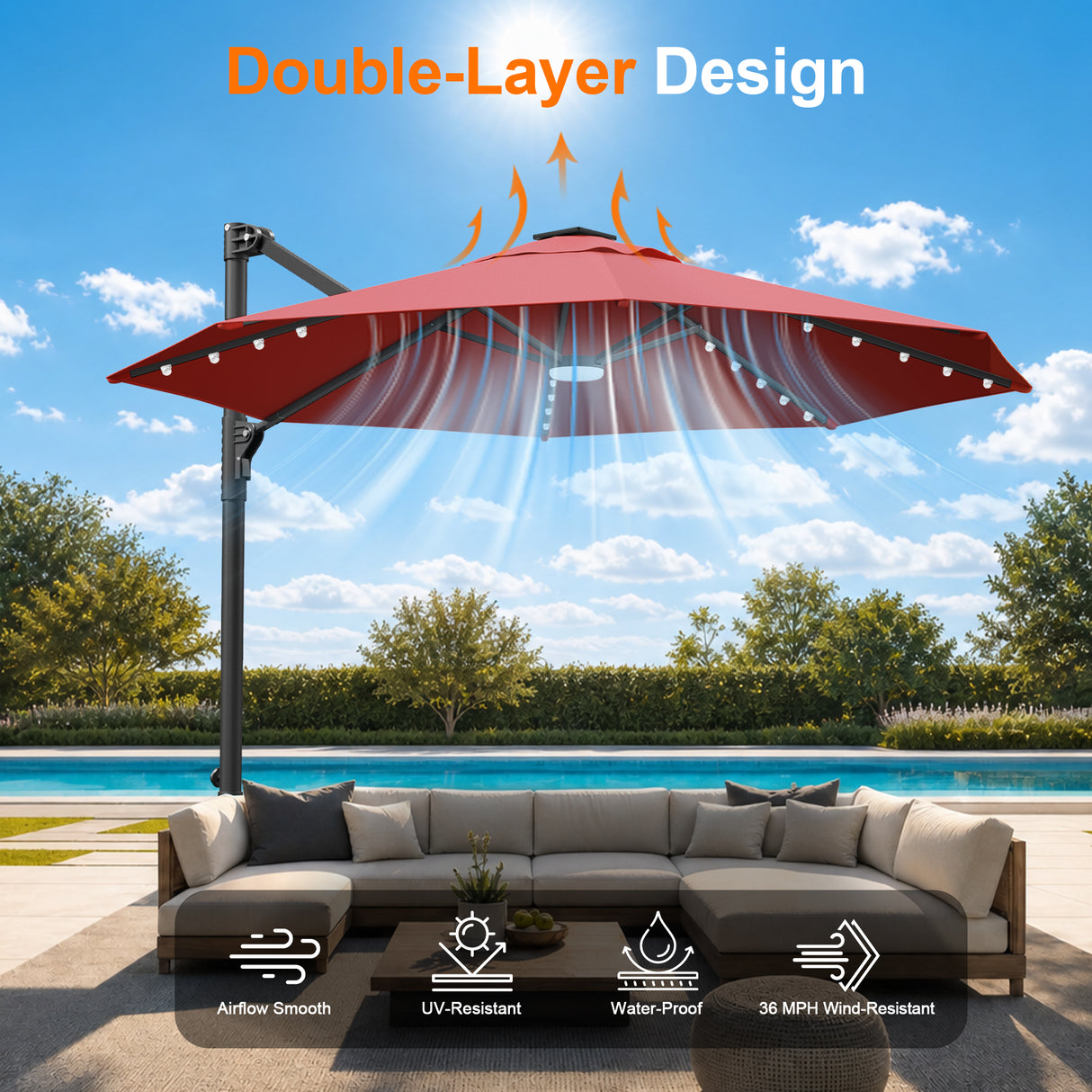 Patioslife Aegis Pro All-in-One Shade Round Cantilever Patio Umbrella with solar LED lights | Premium Cover | Large Base