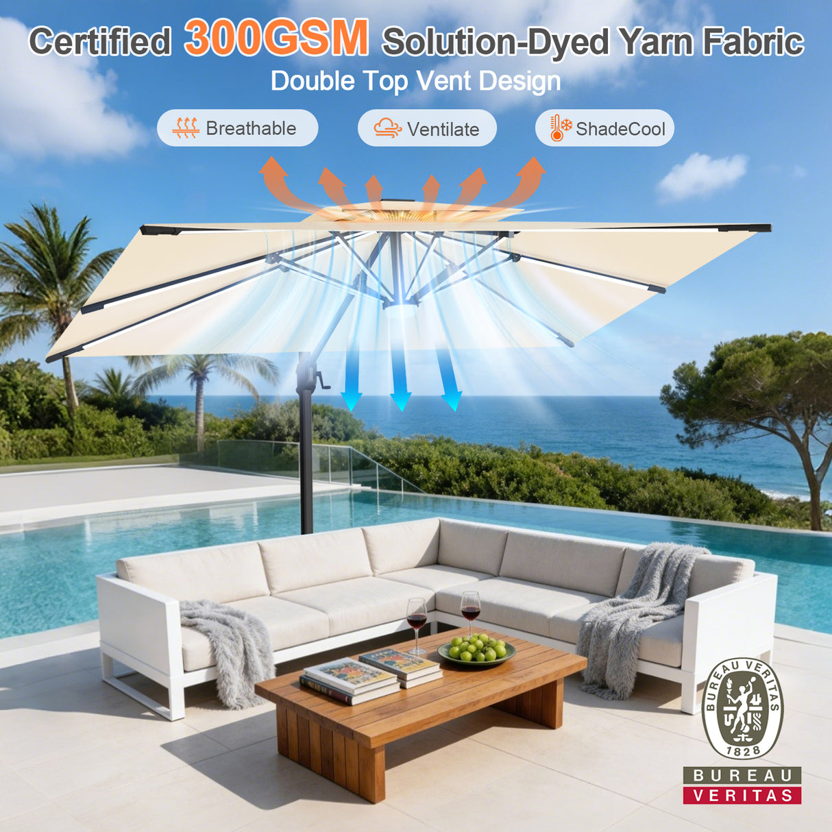Patioslife Aegis Premium Cantilever Umbrella with Full-Rib LED Strip Lighting, Fibreglass Ribs, Powder-Coated Aluminium Pole— Luxury Garden & Patio Shade