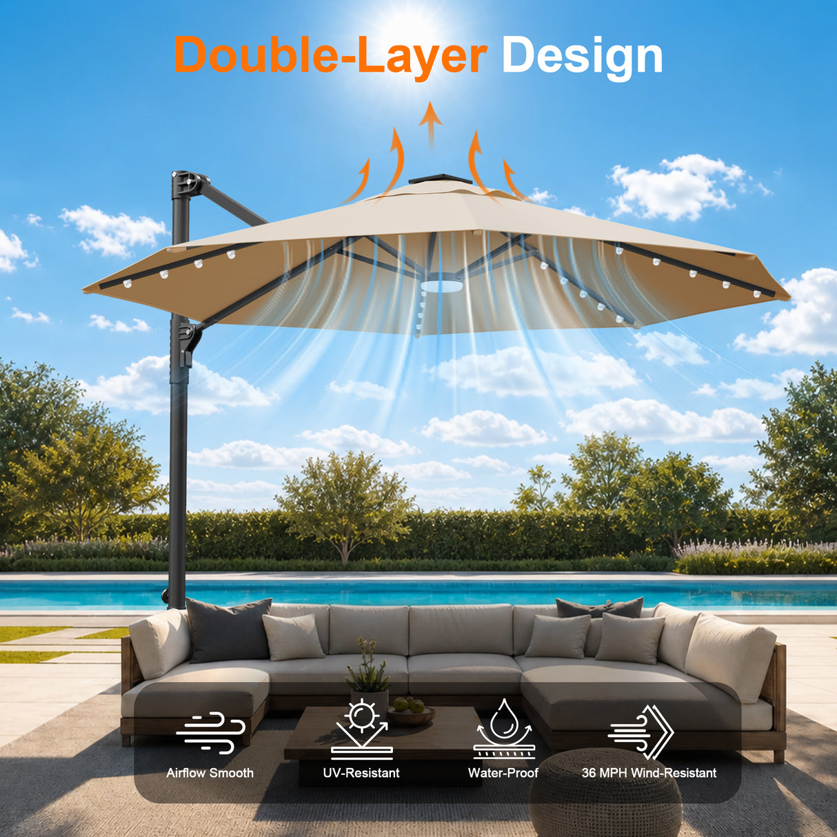 Patioslife Aegis Pro All-in-One Shade Round Cantilever Patio Umbrella with solar LED lights | Premium Cover | Large Base