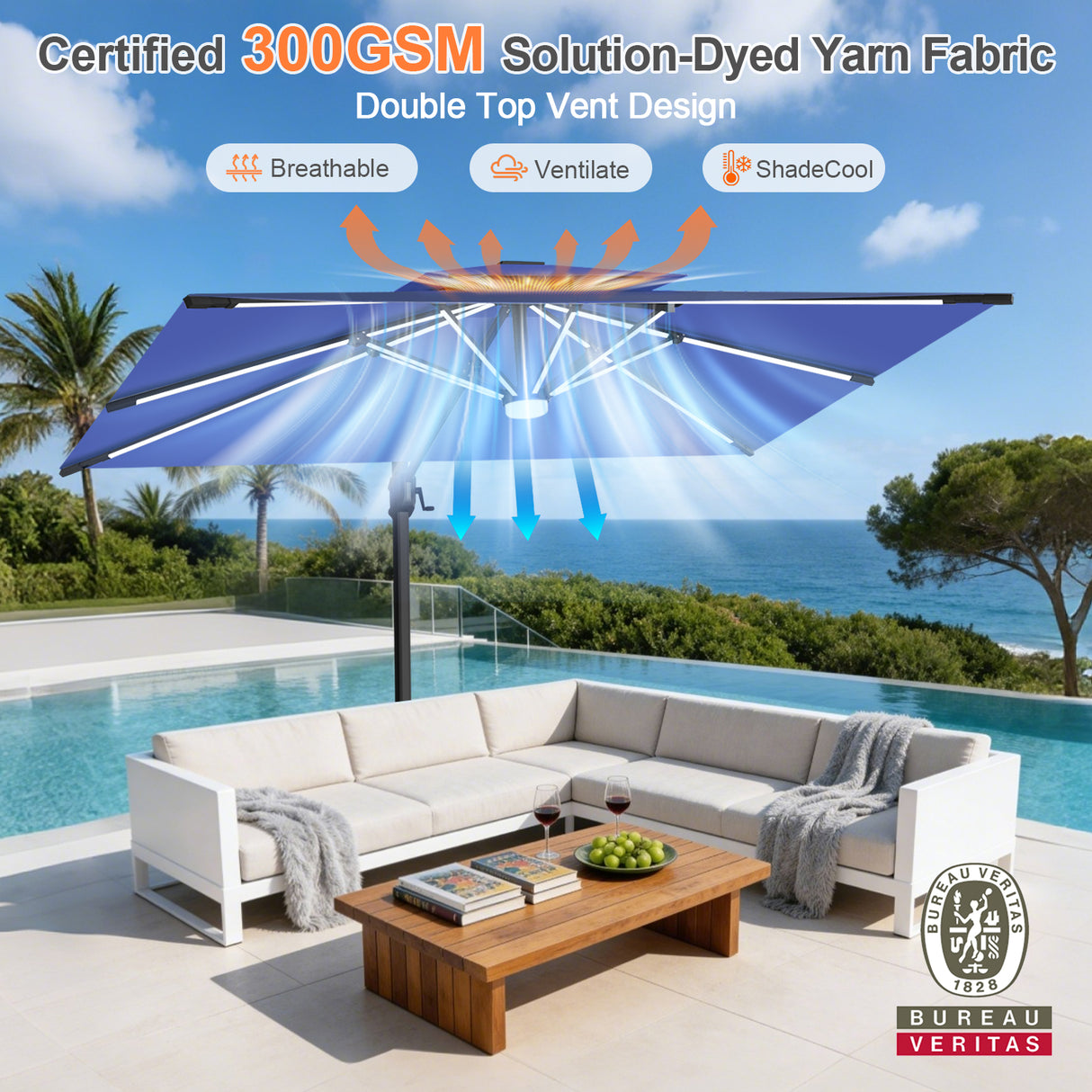 Patioslife Aegis Premium Cantilever Umbrella with Full-Rib LED Strip Lighting, Fibreglass Ribs, Powder-Coated Aluminium Pole— Luxury Garden & Patio Shade