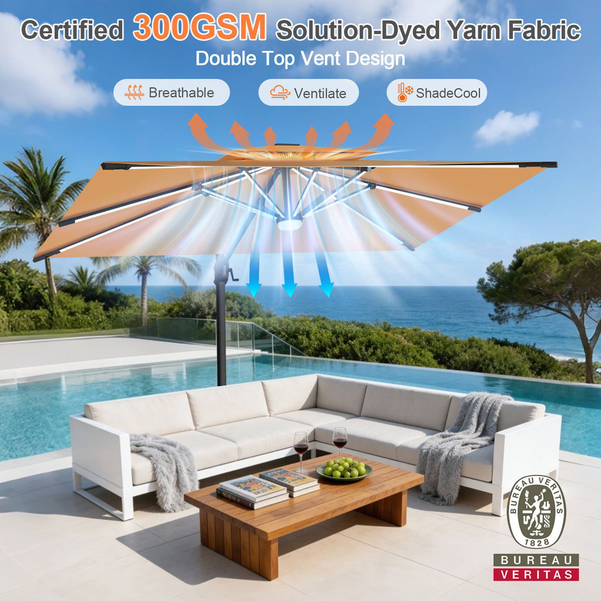 Patioslife Aegis Premium Coastal Series Cantilever Umbrella with Integrated LED Strip Lighting, Fibreglass Ribs & Aluminium Frame — Luxury Shade Built for Australian Outdoors