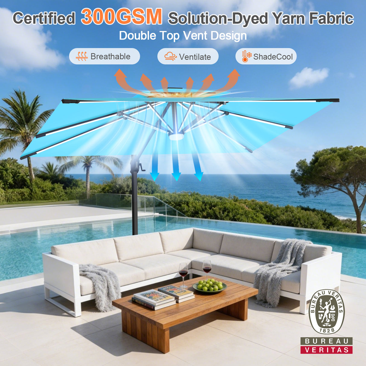 Patioslife Aegis Premium Cantilever Umbrella with Full-Rib LED Strip Lighting, Fibreglass Ribs, Powder-Coated Aluminium Pole— Luxury Garden & Patio Shade