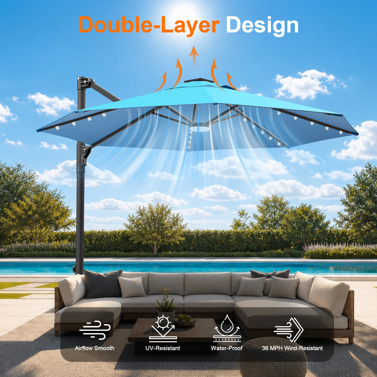 Patioslife Aegis Pro All-in-One Shade Round Cantilever Patio Umbrella with solar LED lights | Premium Cover | Large Base