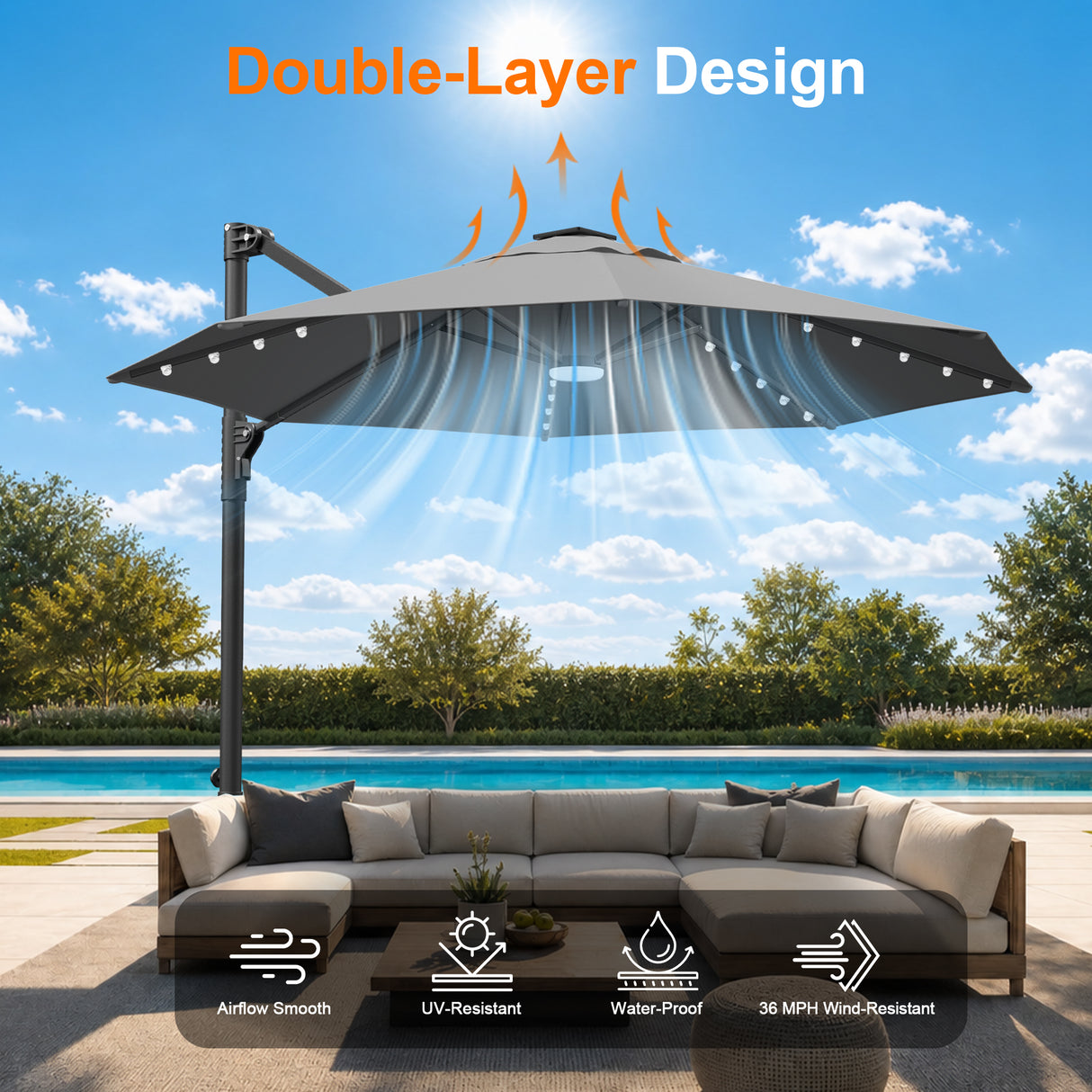 Patioslife Aegis Pro All-in-One Shade Round Cantilever Patio Umbrella with solar LED lights | Premium Cover | Large Base