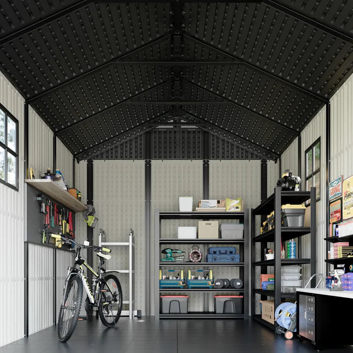 Premium Garden Shed with Floor Patioslife Kick-it ProLock™ Tool-Free Snap-Lock Resin – Weatherproof Outdoor Storage Shed with Floor, UV Resistant, Lockable Backyard Tool Shed for Tools, Bikes & Lawn Mower