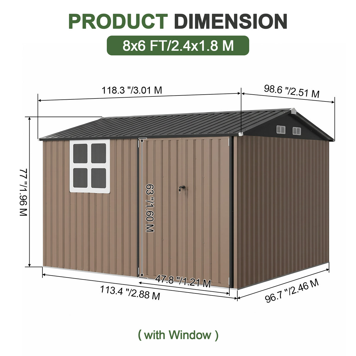 Patioslife Galvanised Steel Gable Roof Metal Garden Shed, Outdoor Storage Shed-All-Weather Backyard Storage Unit for Garden Tools-Patioslife