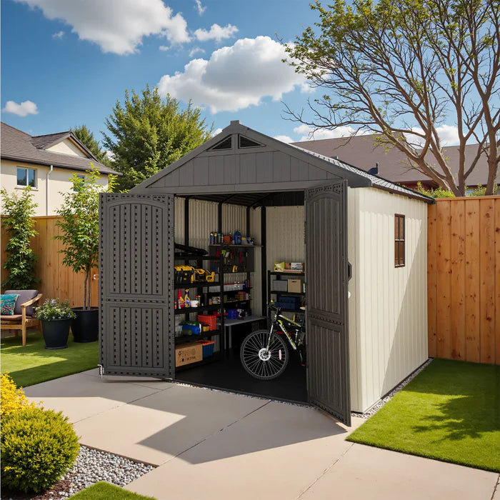 Premium Garden Shed with Floor Patioslife Kick-it ProLock™ Tool-Free Snap-Lock Resin – Weatherproof Outdoor Storage Shed with Floor, UV Resistant, Lockable Backyard Tool Shed for Tools, Bikes & Lawn Mower