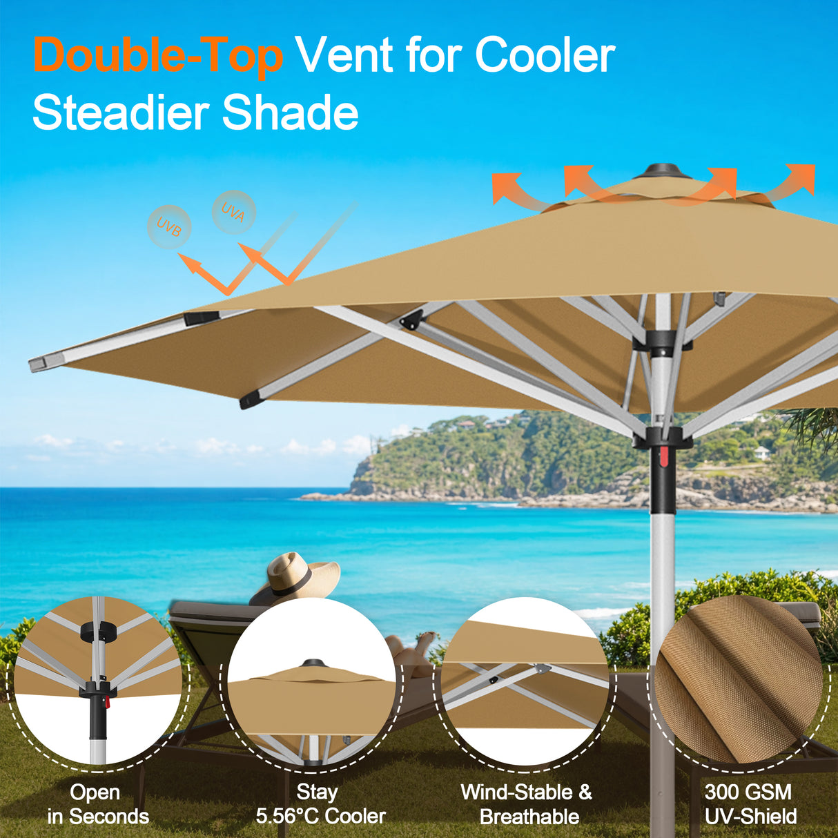 Patioslife Outdoor Umbrella — Square & Round | Heavy-Duty Aluminium Pole, Double-Vented Canopy | 2.7m, 3m & 3.35m