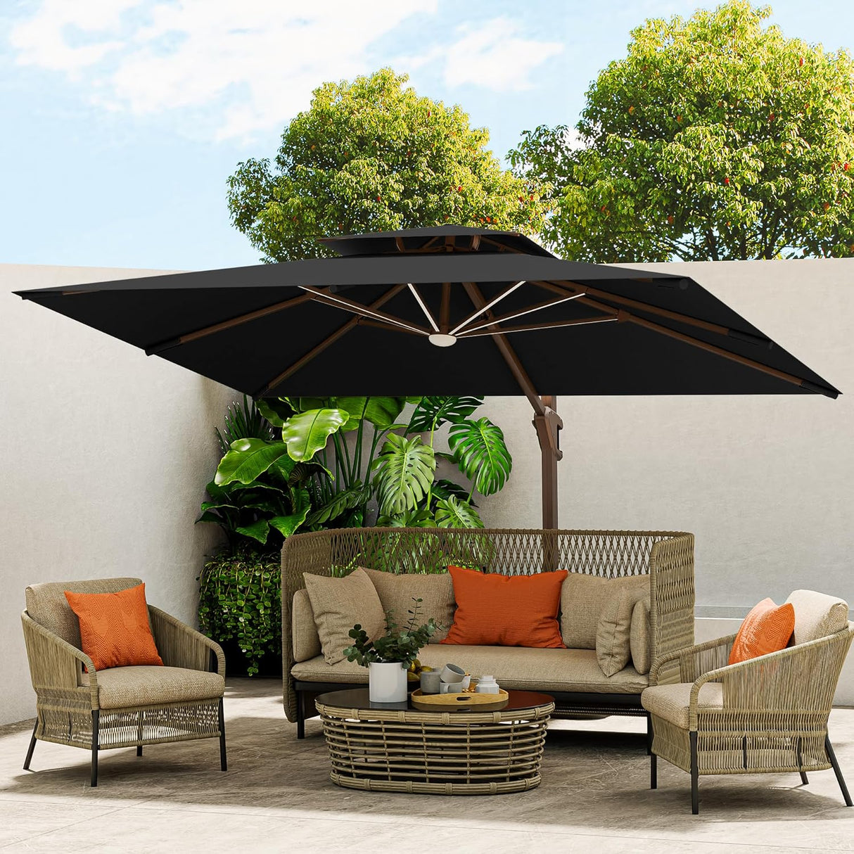 3x4m Cantilever Outdoor Patio Umbrella with Led Lights and Cover  for Backyard Garden Pool Outside Deck 