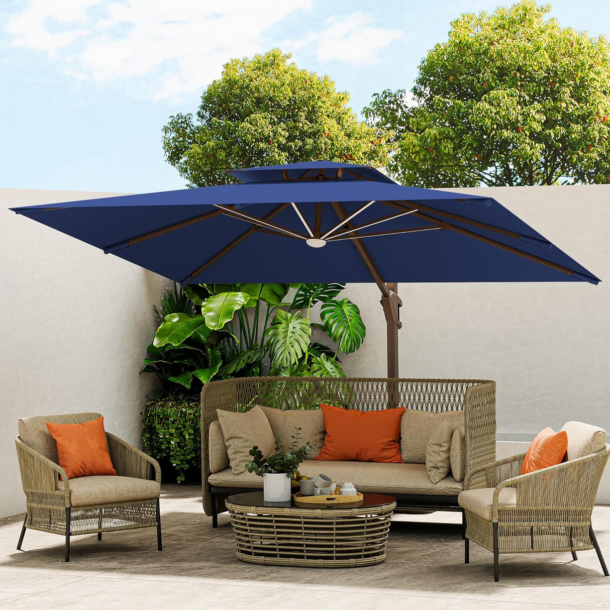 3x4m Cantilever Outdoor Patio Umbrella with Led Lights and Cover  for Backyard Garden Pool Outside Deck 