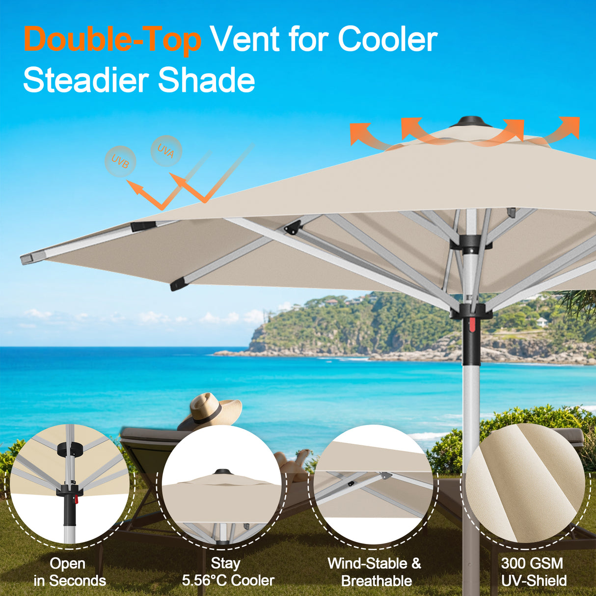 Patioslife Outdoor Umbrella — Square & Round | Heavy-Duty Aluminium Pole, Double-Vented Canopy | 2.7m, 3m & 3.35m