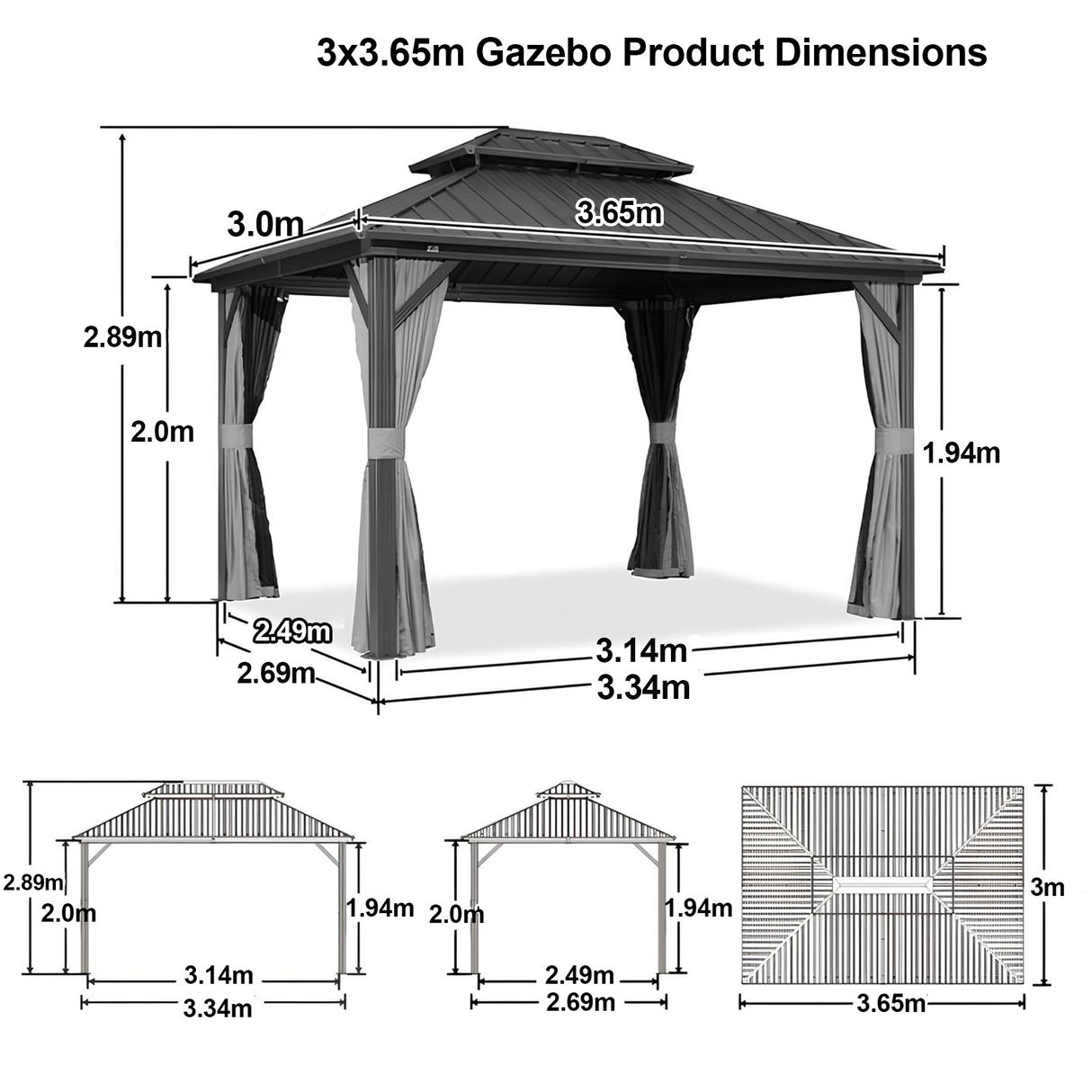 Patioslife™ | Hardtop Gazebo with Wood Grain Aluminum Frame, Double Vented Roof & Curtains, Patio Pergola for Garden or Backyard