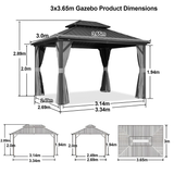 Patioslife™ | Hardtop Gazebo with Wood Grain Aluminum Frame, Double Vented Roof & Curtains, Patio Pergola for Garden or Backyard