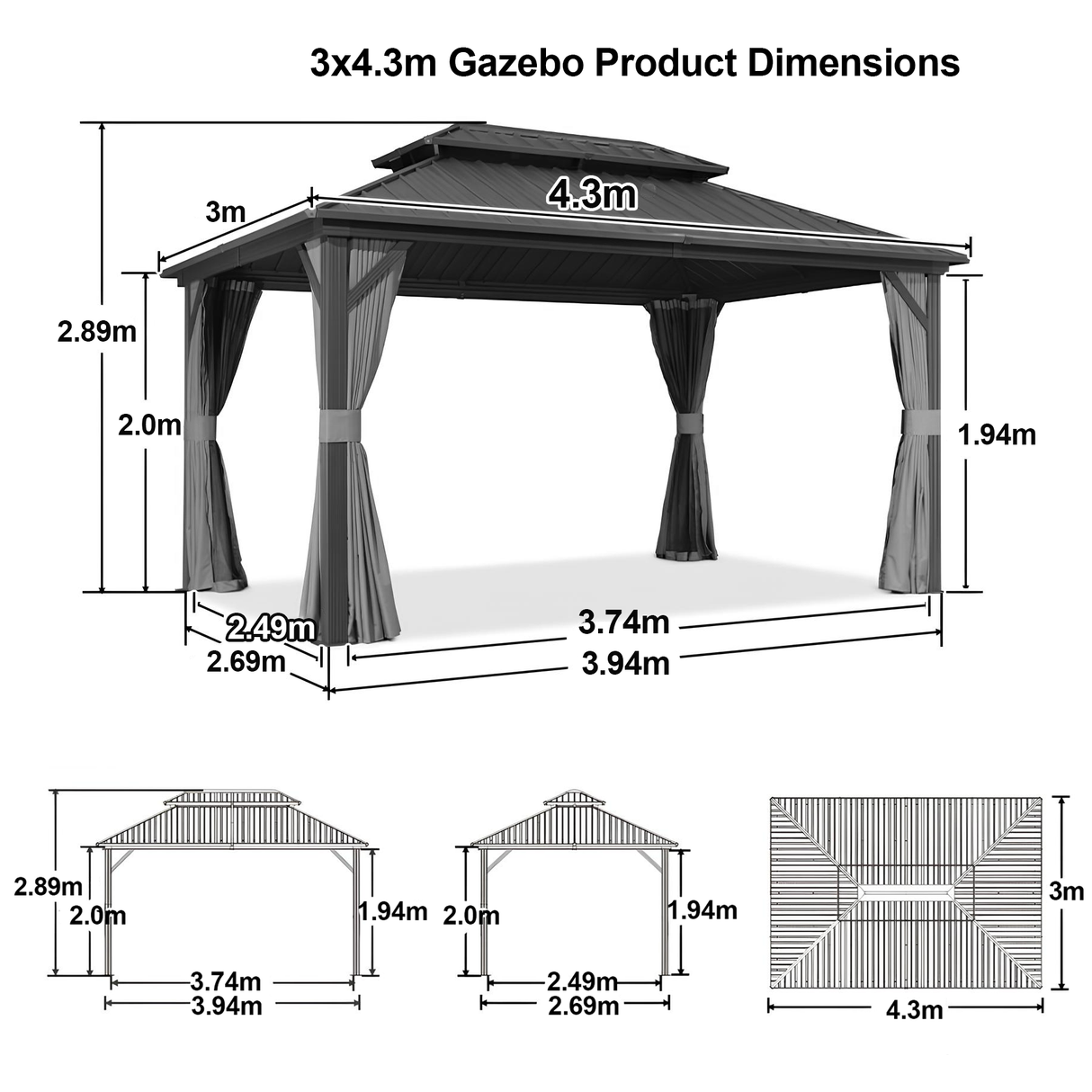 Patioslife™ | Hardtop Gazebo with Wood Grain Aluminum Frame, Double Vented Roof & Curtains, Patio Pergola for Garden or Backyard