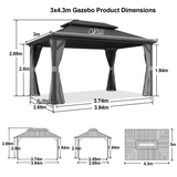 Patioslife™ | Hardtop Gazebo with Wood Grain Aluminum Frame, Double Vented Roof & Curtains, Patio Pergola for Garden or Backyard