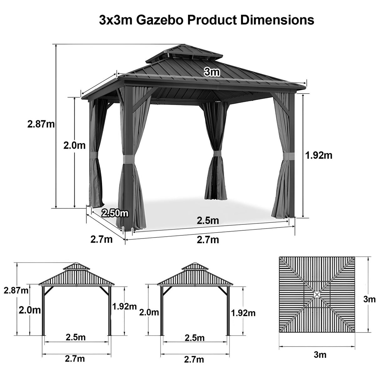 Patioslife™ | Hardtop Gazebo with Wood Grain Aluminum Frame, Double Vented Roof & Curtains, Patio Pergola for Garden or Backyard