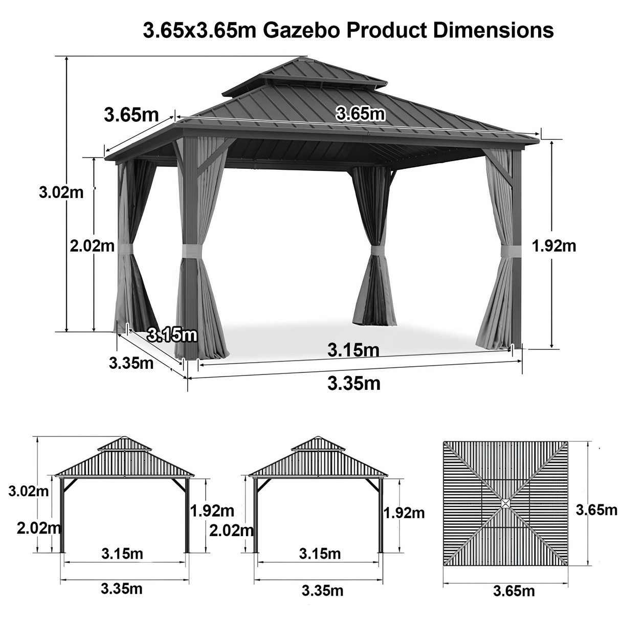 Patioslife™ | Hardtop Gazebo with Wood Grain Aluminum Frame, Double Vented Roof & Curtains, Patio Pergola for Garden or Backyard