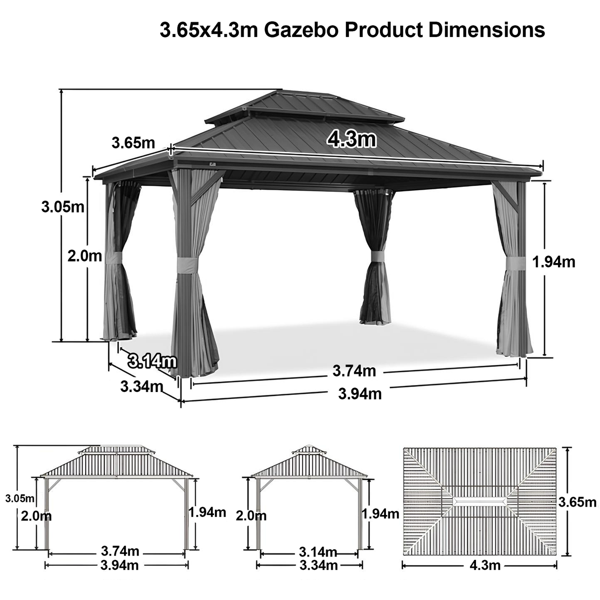 Patioslife™ | Hardtop Gazebo with Wood Grain Aluminum Frame, Double Vented Roof & Curtains, Patio Pergola for Garden or Backyard