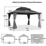 Patioslife™ | Hardtop Gazebo with Wood Grain Aluminum Frame, Double Vented Roof & Curtains, Patio Pergola for Garden or Backyard