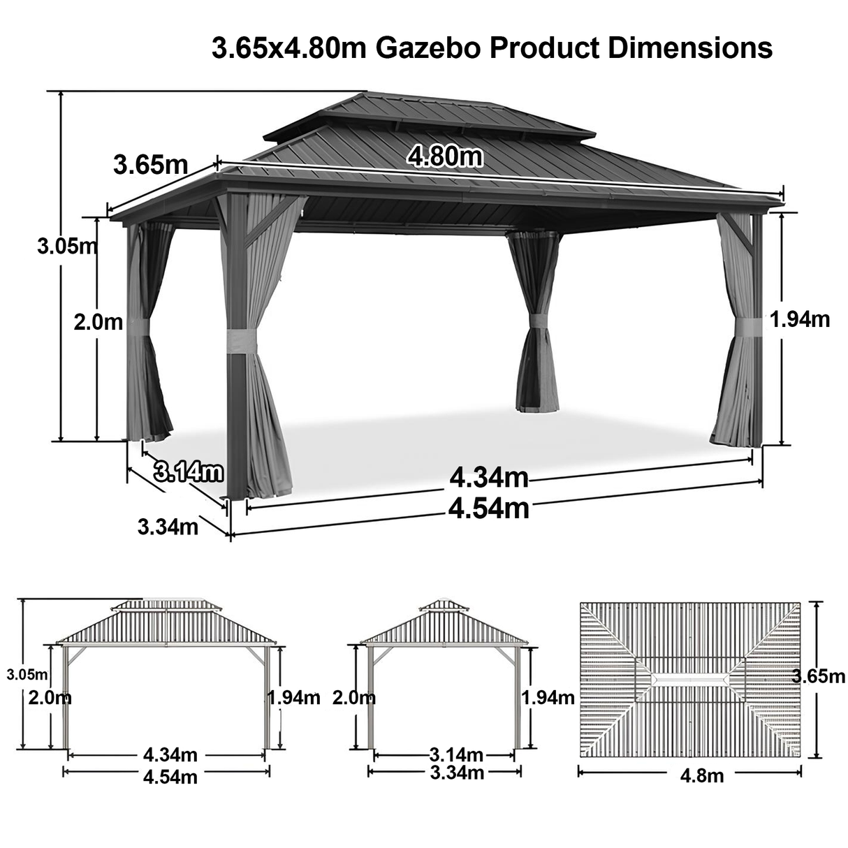 Patioslife™ | Hardtop Gazebo with Wood Grain Aluminum Frame, Double Vented Roof & Curtains, Patio Pergola for Garden or Backyard