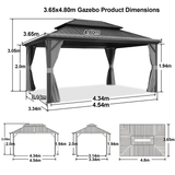 Patioslife™ | Hardtop Gazebo with Wood Grain Aluminum Frame, Double Vented Roof & Curtains, Patio Pergola for Garden or Backyard