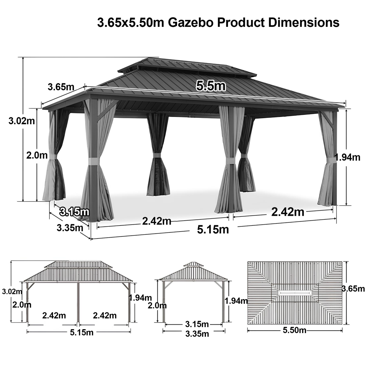 Patioslife™ | Hardtop Gazebo with Wood Grain Aluminum Frame, Double Vented Roof & Curtains, Patio Pergola for Garden or Backyard
