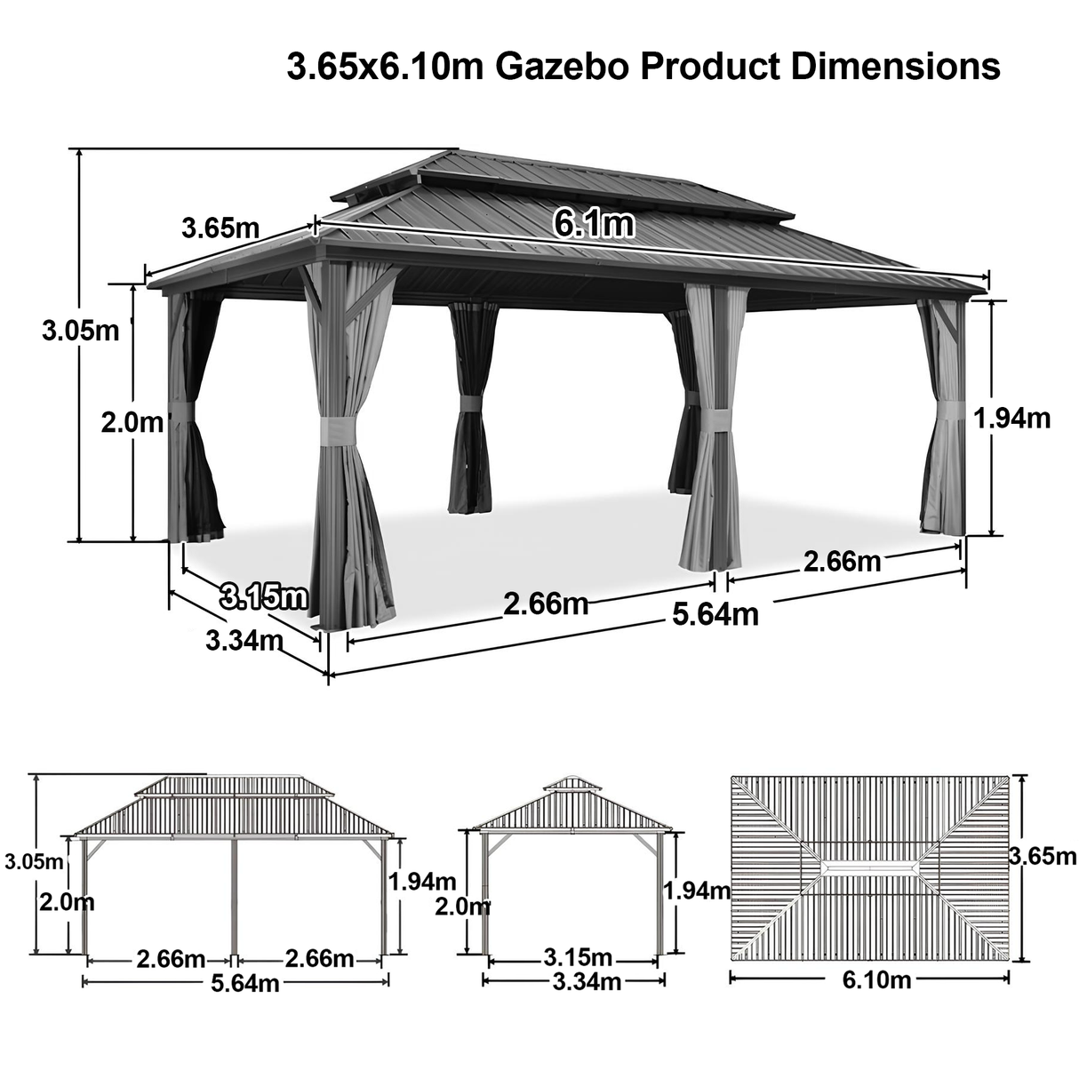 Patioslife™ | Hardtop Gazebo with Wood Grain Aluminum Frame, Double Vented Roof & Curtains, Patio Pergola for Garden or Backyard