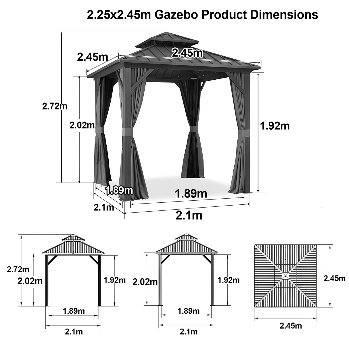 Patioslife™ | Hardtop Gazebo with Wood Grain Aluminum Frame, Double Vented Roof & Curtains, Patio Pergola for Garden or Backyard