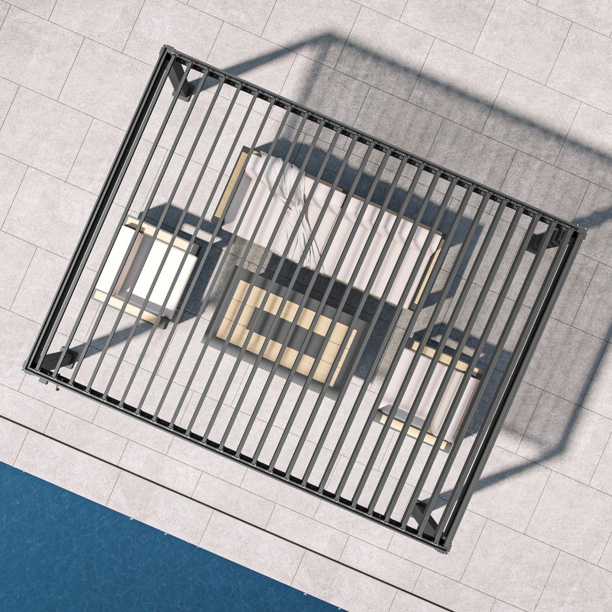 Patioslife Atlantic pergola top view showing adjustable louvered roof slats for flexible sunlight, airflow and outdoor shade control
