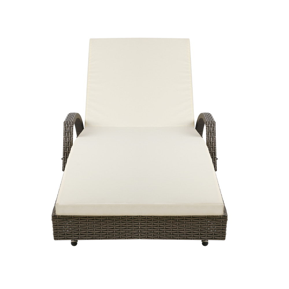 Set of 2 Cushioned Wicker Sun Lounges with Armrests - Brown/Beige